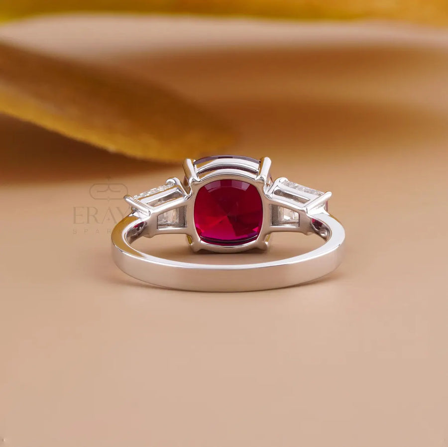 Cushion Cut Diamond Three Stone Ruby Ring