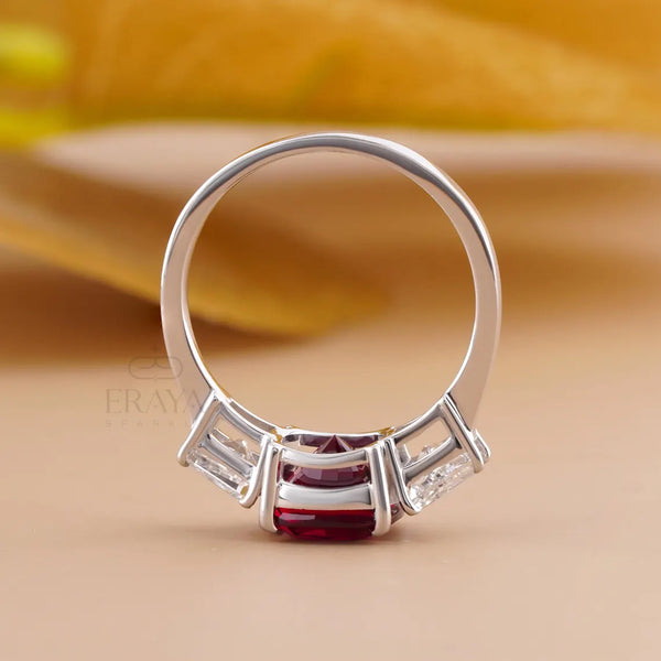 Cushion Cut Diamond Three Stone Ruby Ring