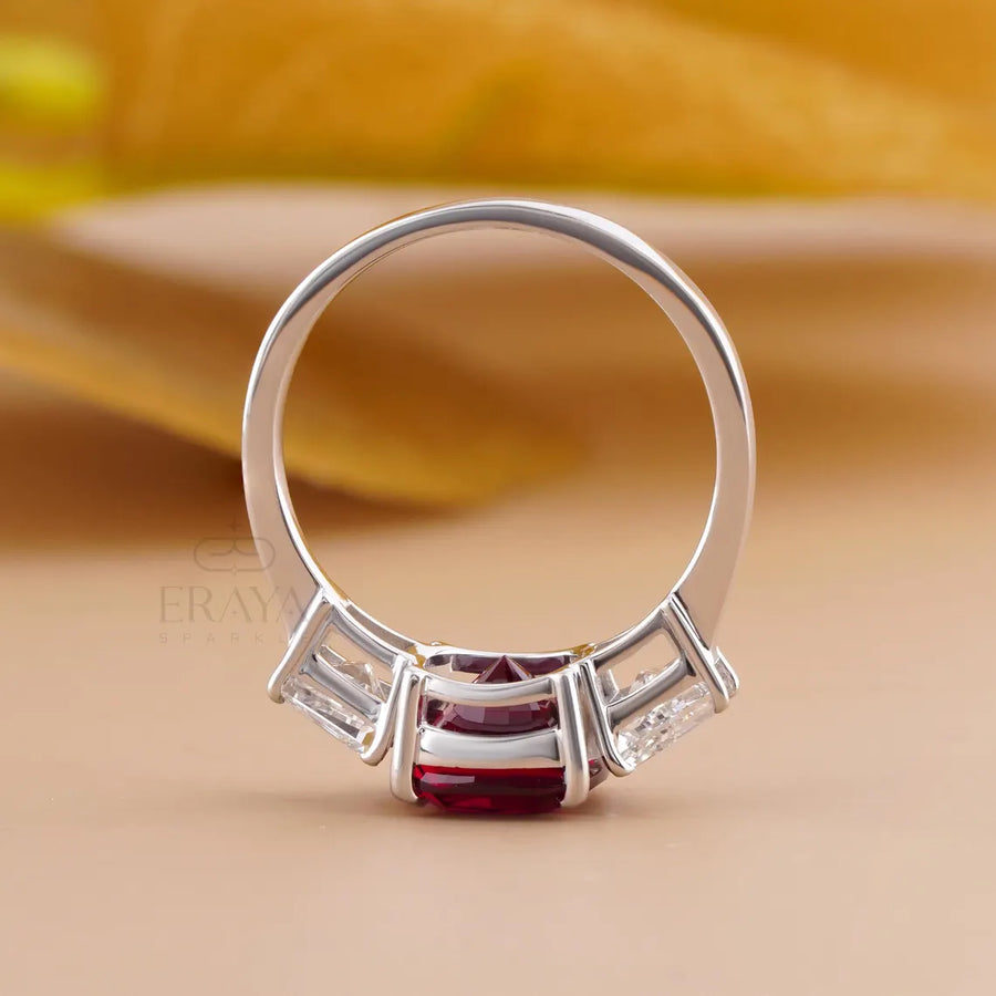 Cushion Cut Diamond Three Stone Ruby Ring