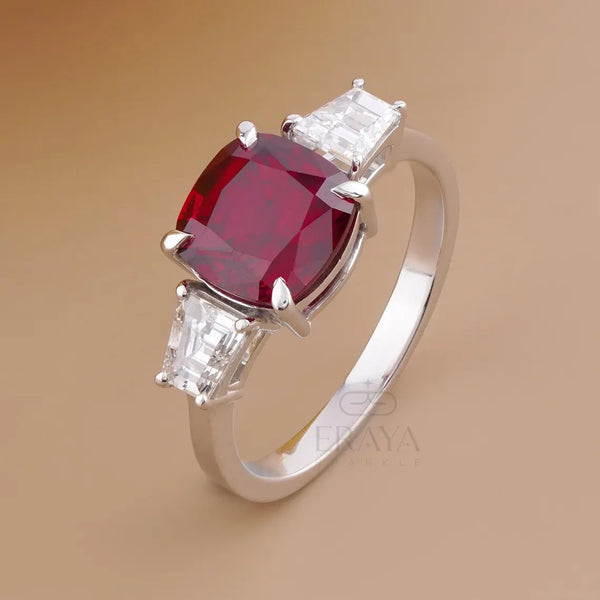 Cushion Cut Diamond Three Stone Ruby Ring