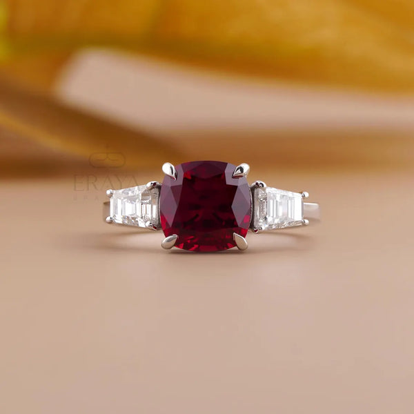 Cushion Cut Diamond Three Stone Ruby Ring