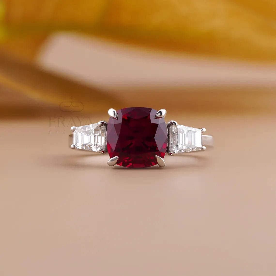 Cushion Cut Diamond Three Stone Ruby Ring