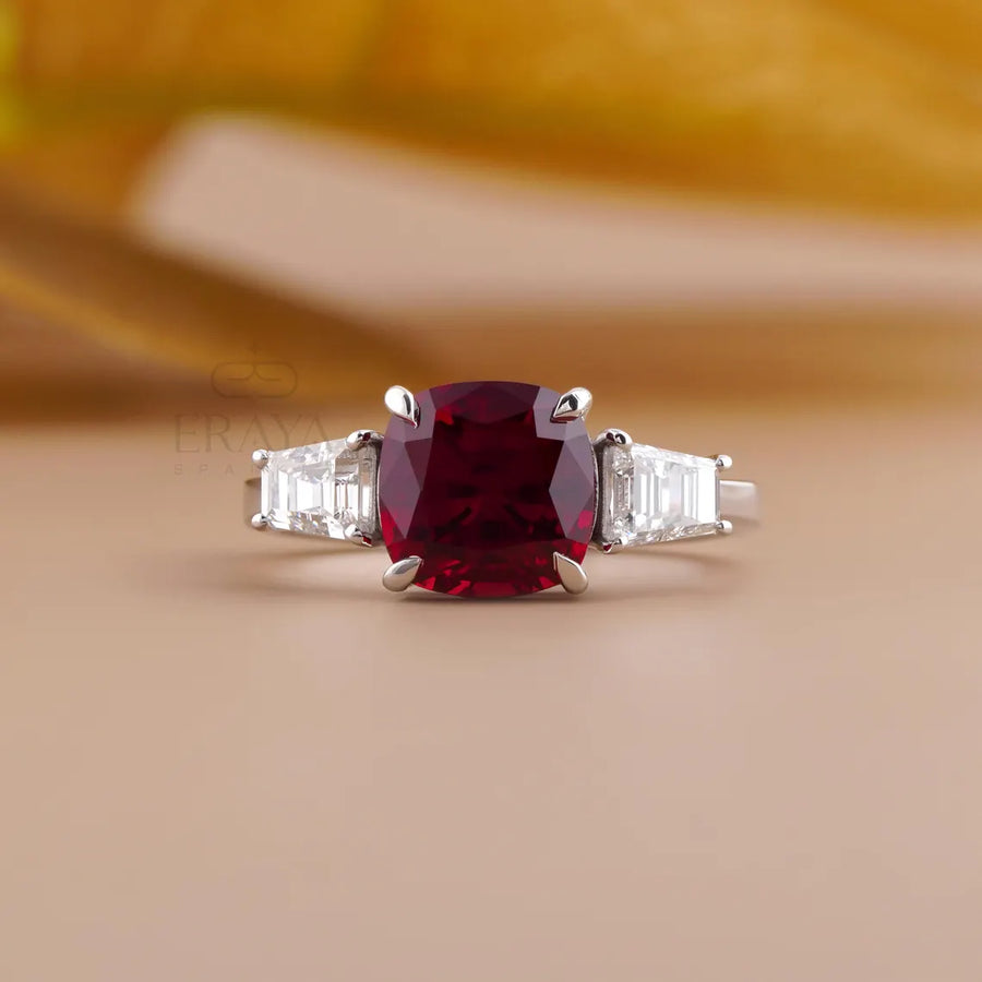 Cushion Cut Diamond Three Stone Ruby Ring