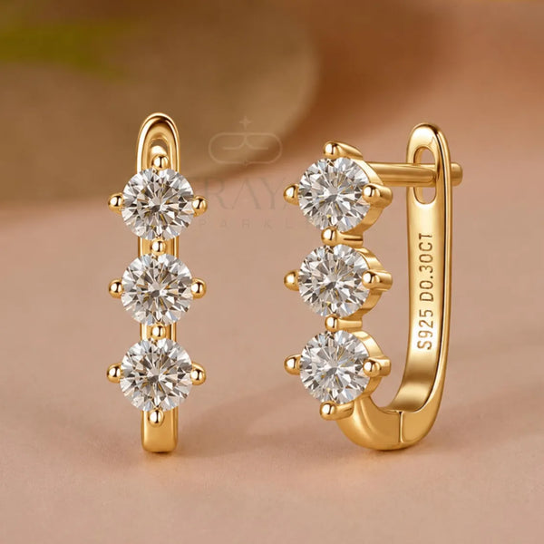 Gold Diamond Hoop Earrings | Three Stone Huggies