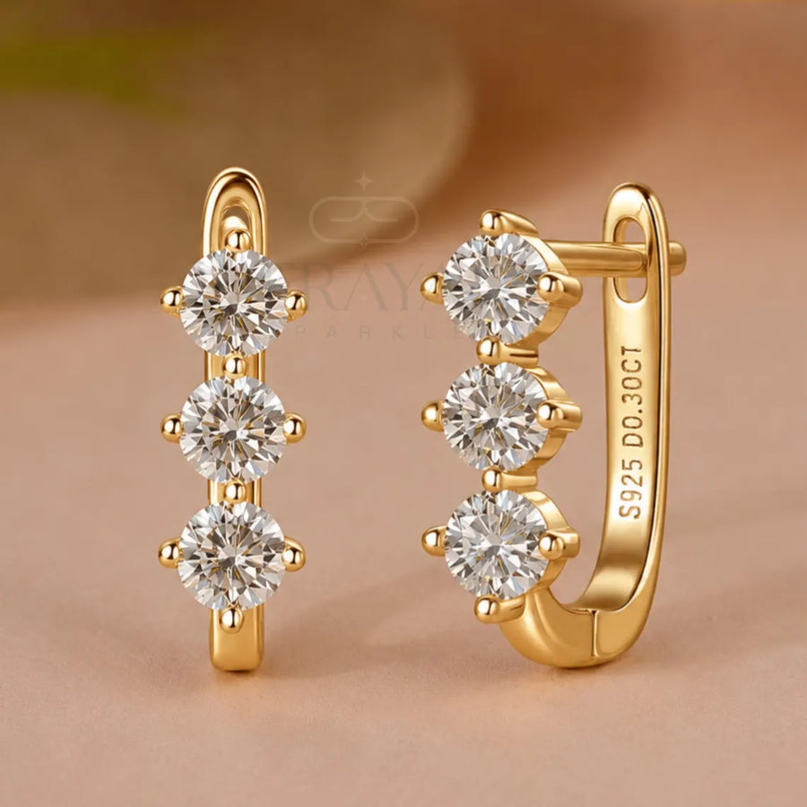 Gold Diamond Hoop Earrings | Three Stone Huggies