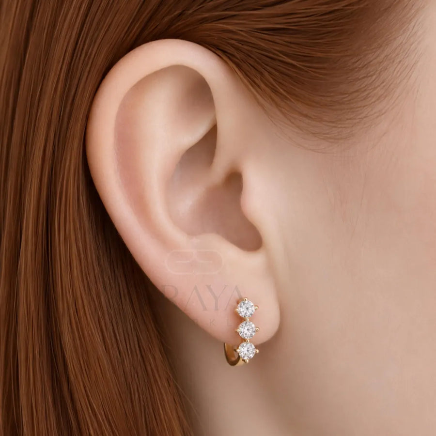 Gold Diamond Hoop Earrings | Three Stone Huggies