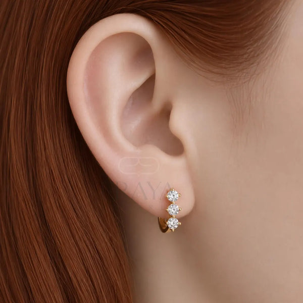 Gold Diamond Hoop Earrings | Three Stone Huggies