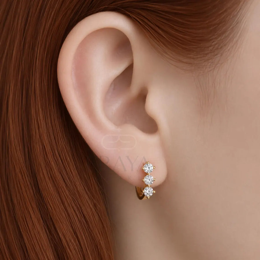 Gold Diamond Hoop Earrings | Three Stone Huggies