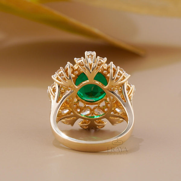 Green Stone Diamond Halo Cocktail Ring | Gold Ring