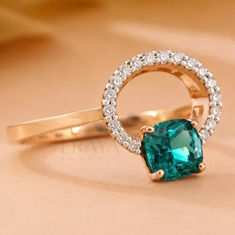 Cushion Sapphire Ring | Halo Bridal Gold Ring