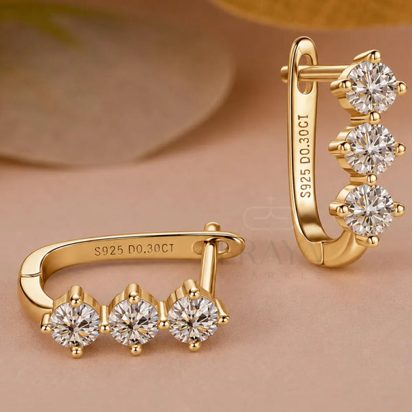 Gold Diamond Hoop Earrings | Three Stone Huggies