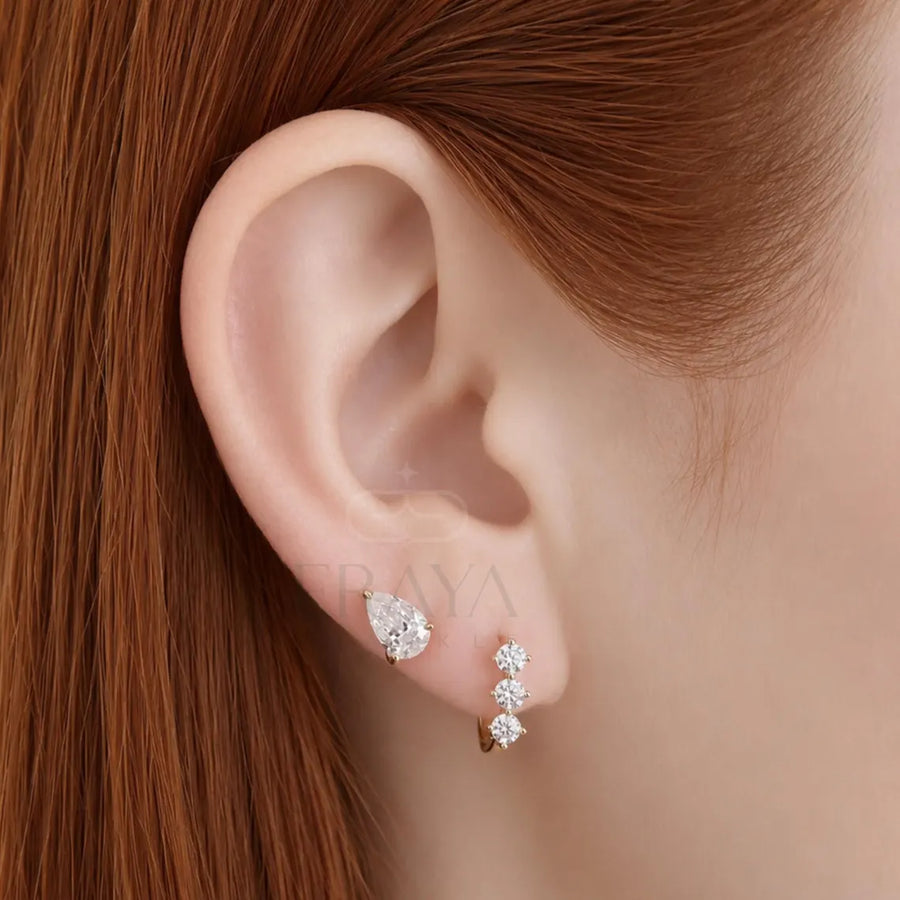 Gold Diamond Hoop Earrings | Three Stone Huggies