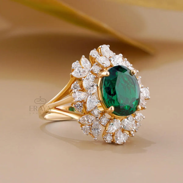 Green Stone Diamond Halo Cocktail Ring | Gold Ring