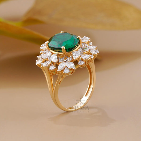 Green Stone Diamond Halo Cocktail Ring | Gold Ring