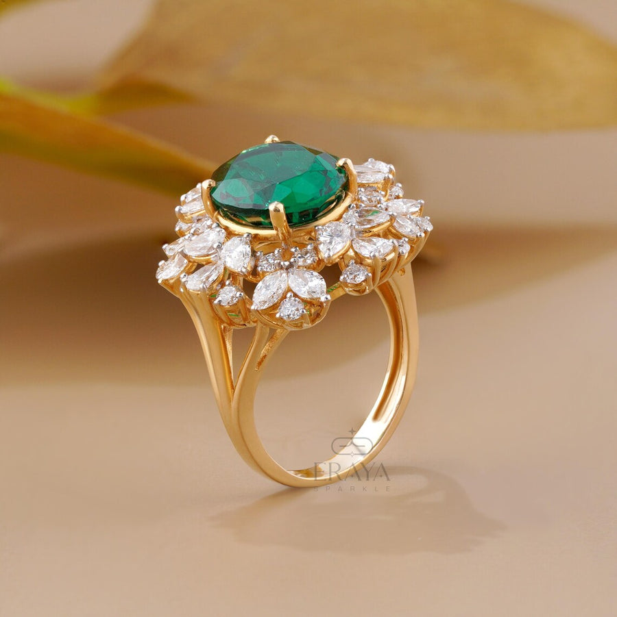 Green Stone Diamond Halo Cocktail Ring | Gold Ring