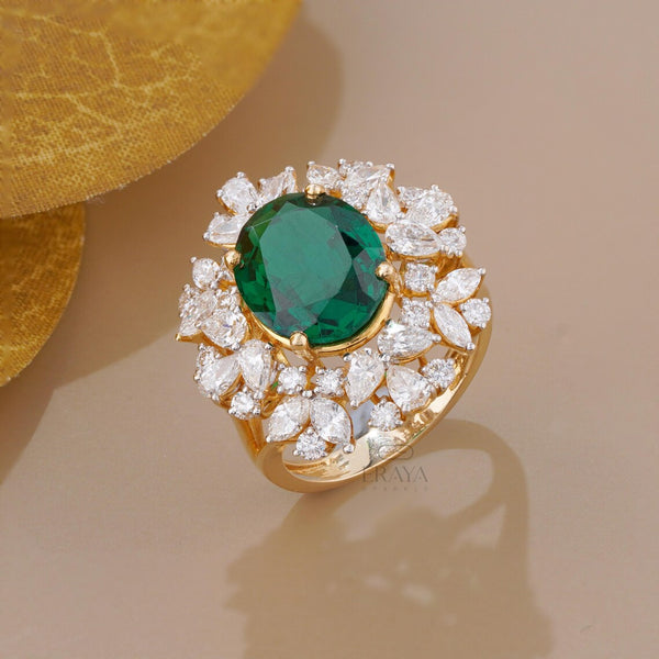 Green Stone Diamond Halo Cocktail Ring | Gold Ring