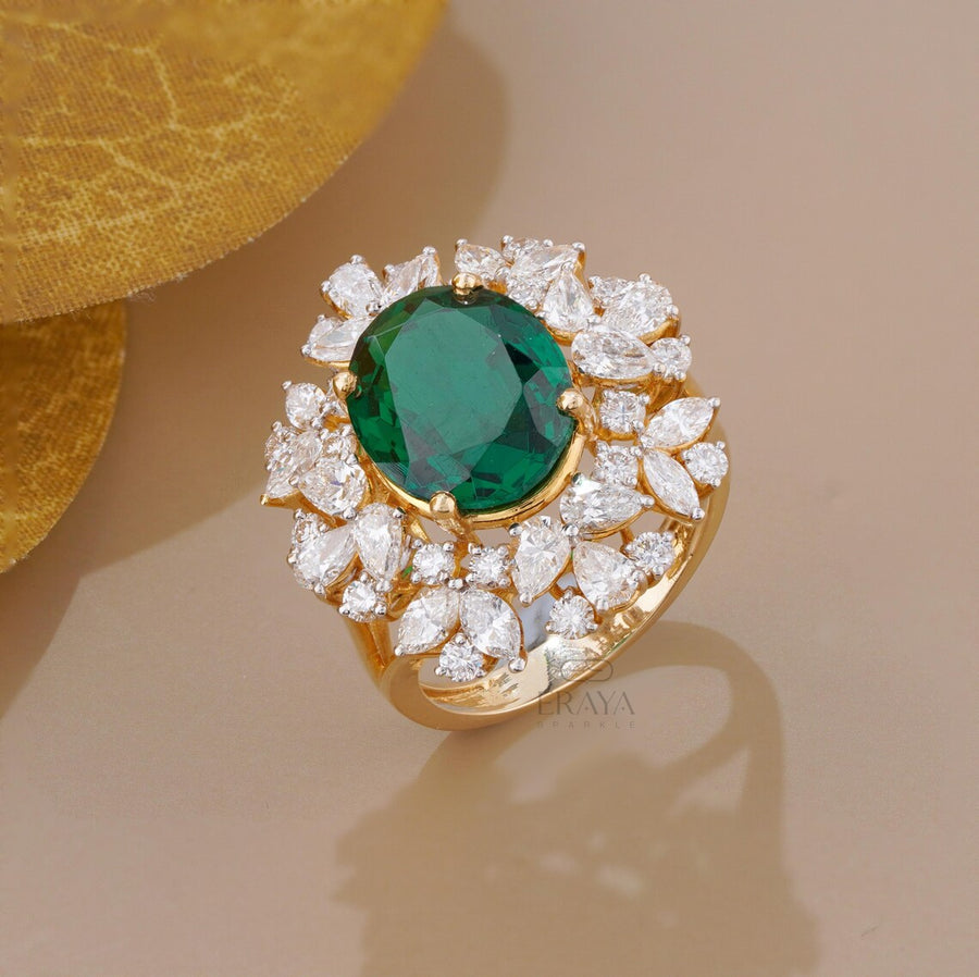 Green Stone Diamond Halo Cocktail Ring | Gold Ring
