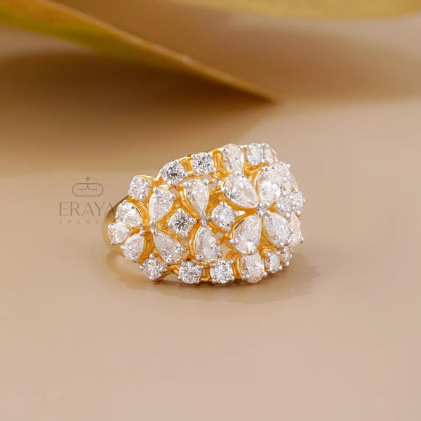 Pear Cut Lab Diamond Cocktail Ring – Round Floral Design