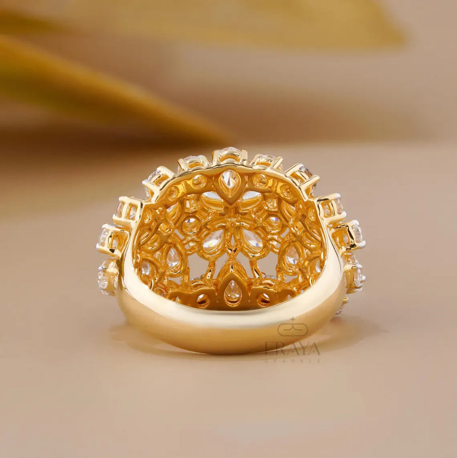 Pear Cut Lab Diamond Cocktail Ring – Round Floral Design