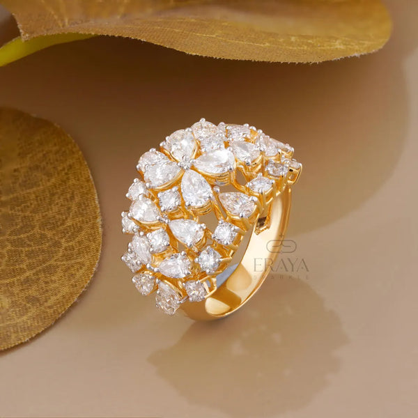 Pear Cut Lab Diamond Cocktail Ring – Round Floral Design