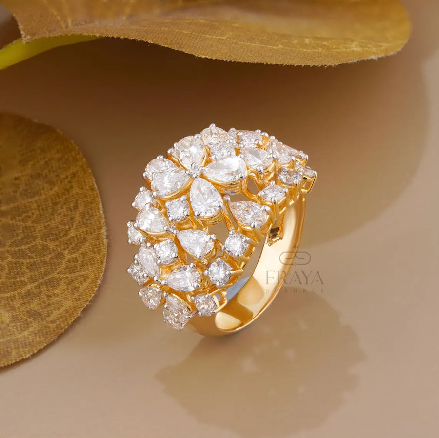 Pear Cut Lab Diamond Cocktail Ring – Round Floral Design