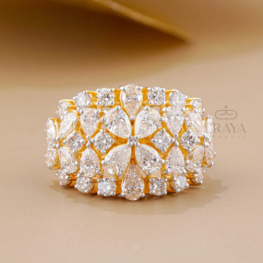 Pear Cut Lab Diamond Cocktail Ring – Round Floral Design