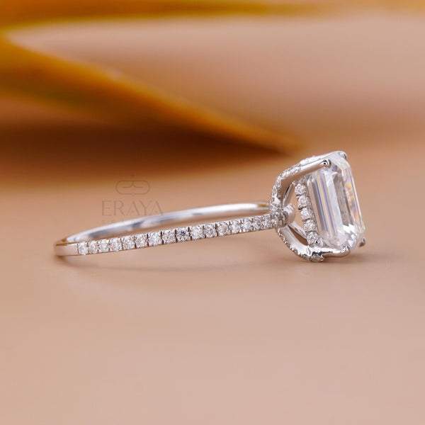 Emerald Shape Diamond Ring with Hidden Halo