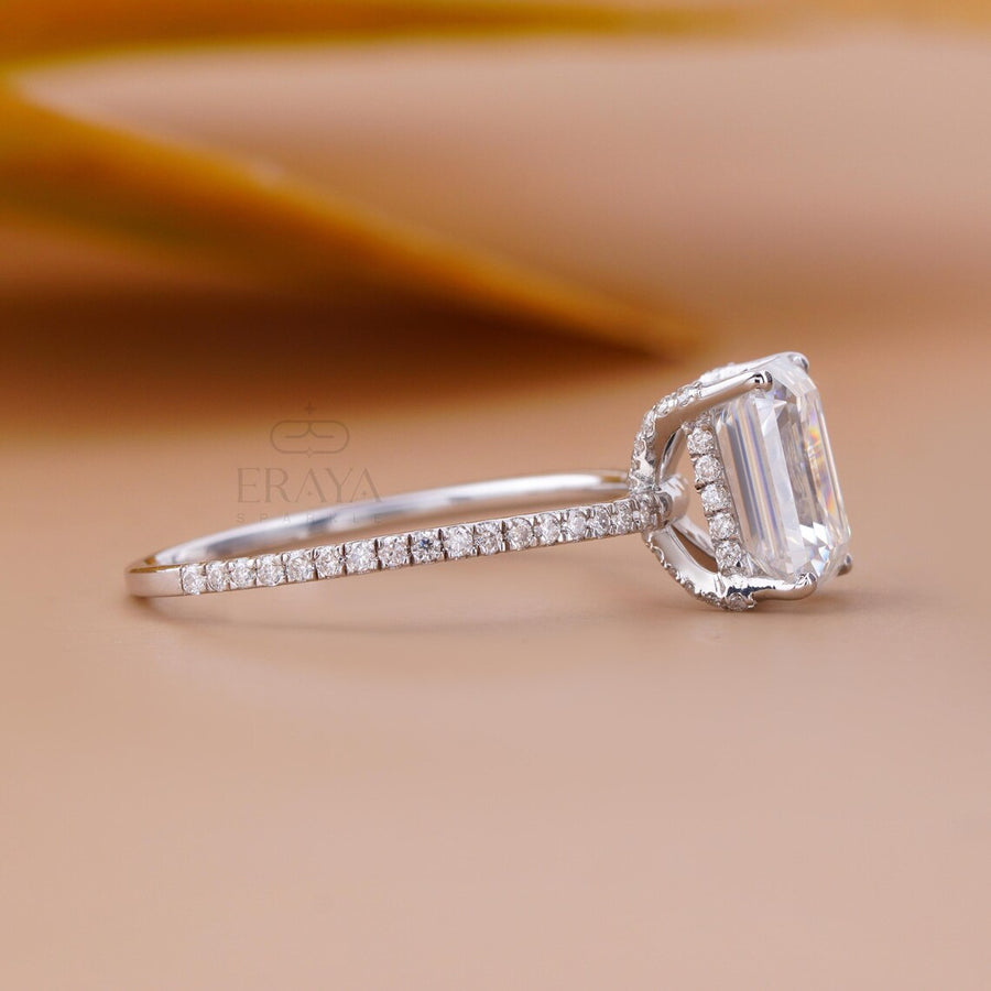 Emerald Shape Diamond Ring with Hidden Halo