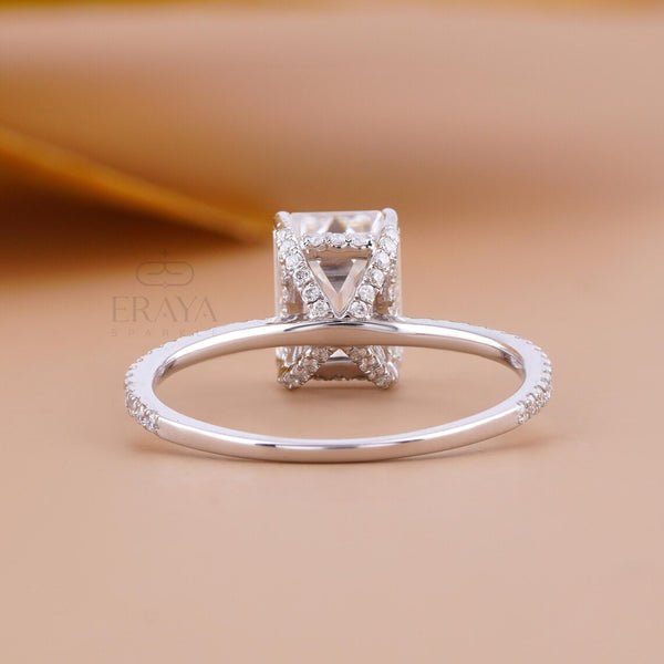Emerald Shape Diamond Ring with Hidden Halo