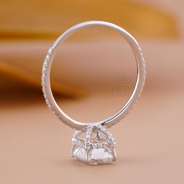 Emerald Shape Diamond Ring with Hidden Halo