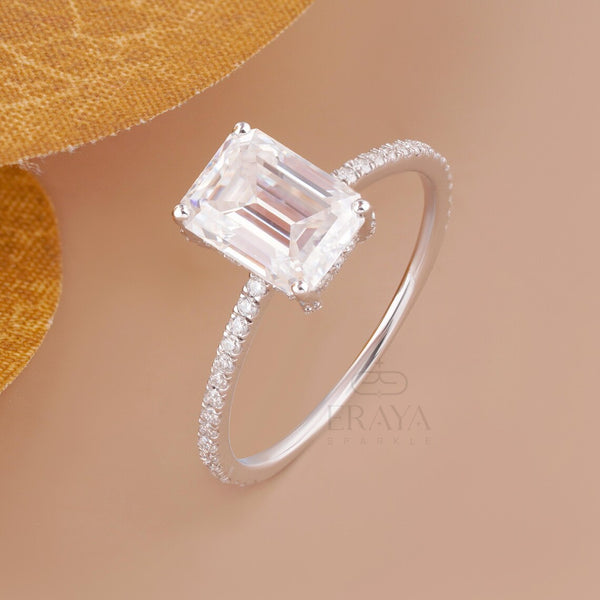 Emerald Shape Diamond Ring with Hidden Halo