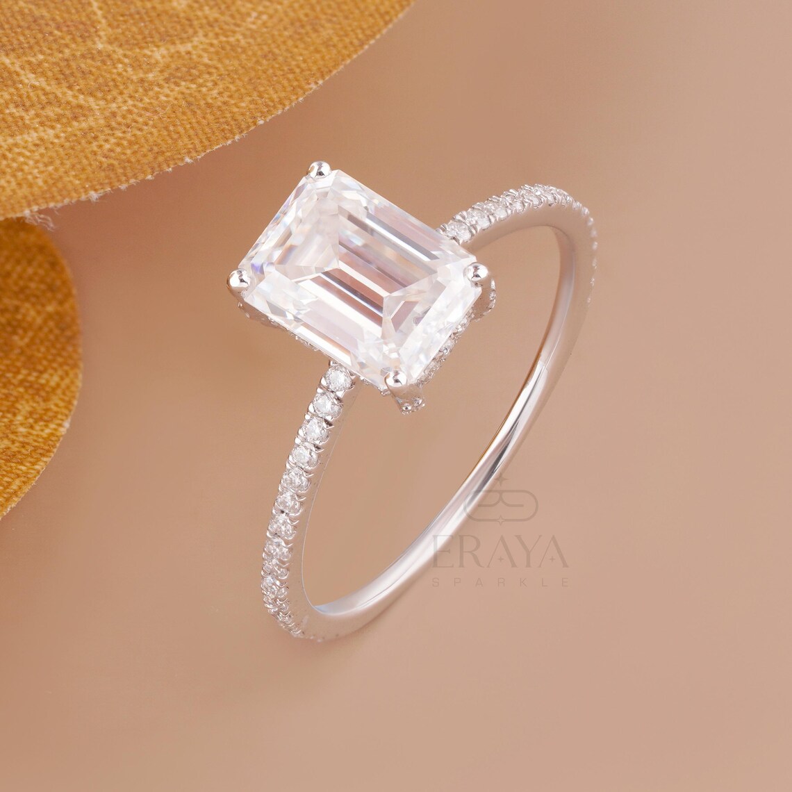 Emerald Shape Diamond Ring with Hidden Halo