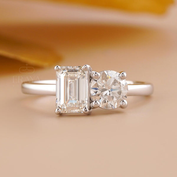 Two Stone Engagement Ring | Emerald & Round