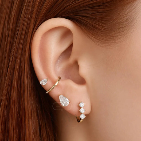 Gold Diamond Hoop Earrings | Three Stone Huggies