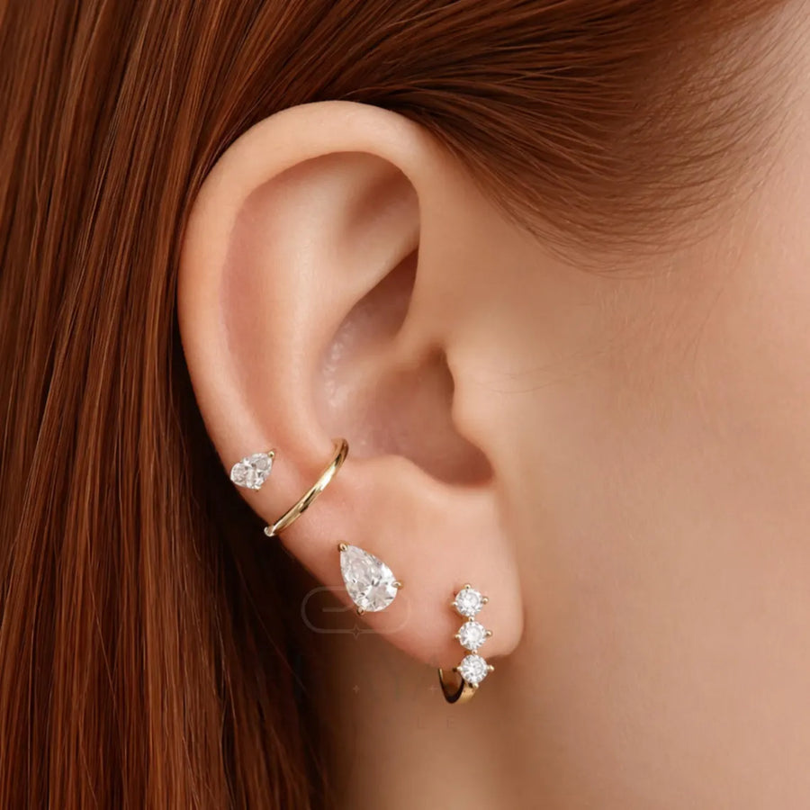 Gold Diamond Hoop Earrings | Three Stone Huggies