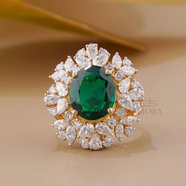 Green Stone Diamond Halo Cocktail Ring | Gold Ring