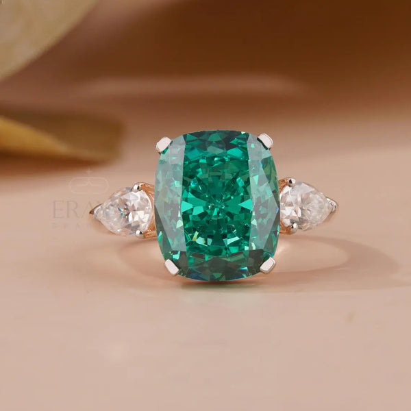 Cushion Cut Diamond Ring with Green Emerald