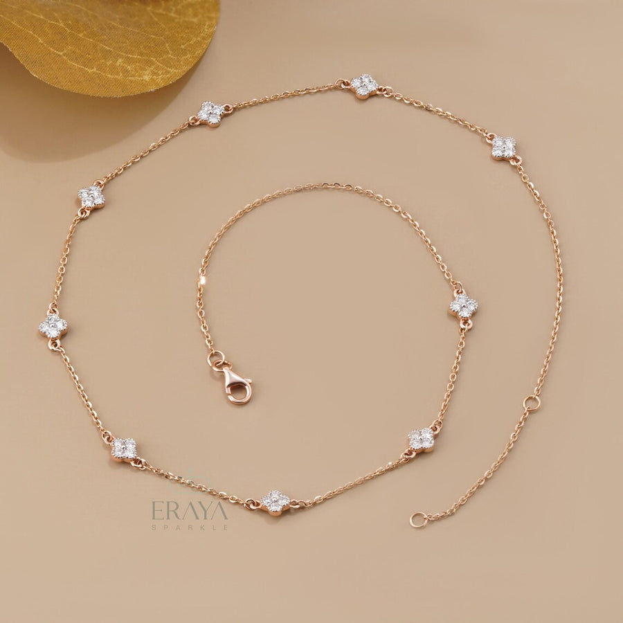 Round Diamond Clover Station Necklace