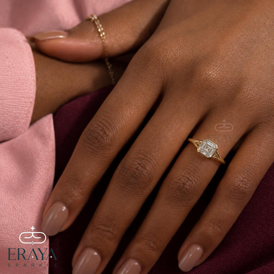 Asscher Cut Lab Diamond Bezel Split Shank Ring