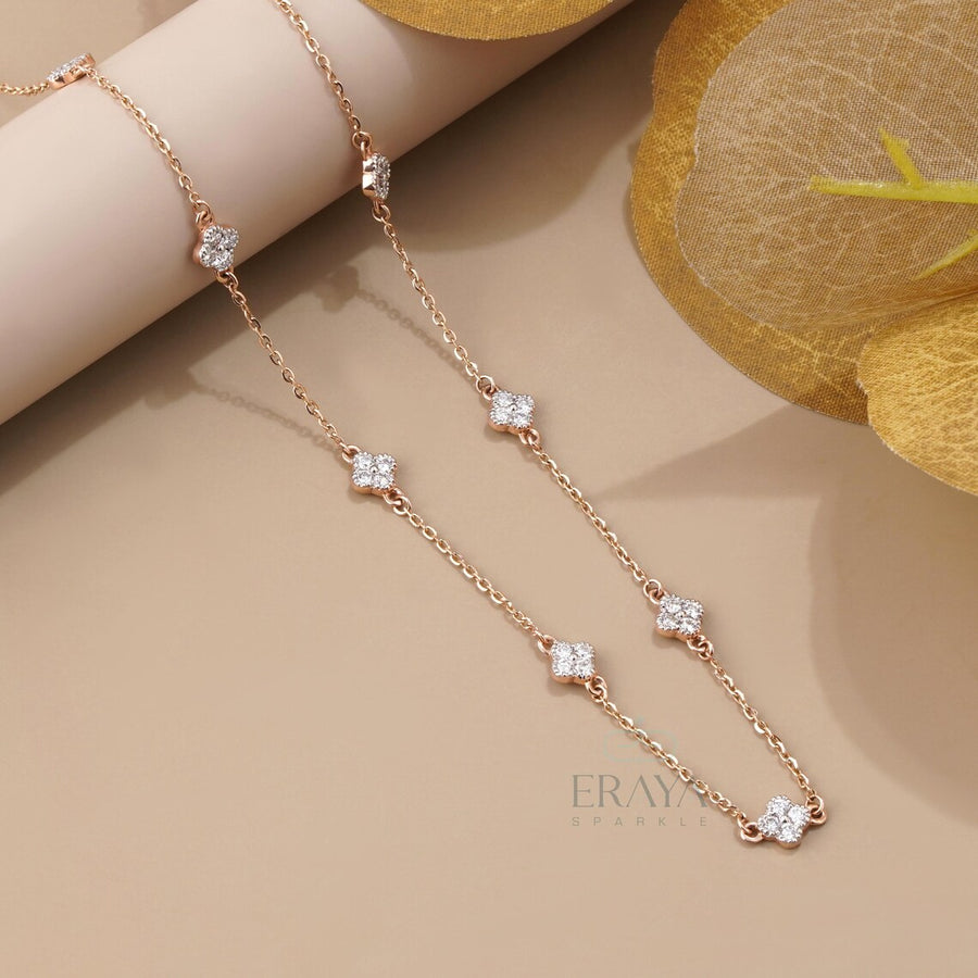 Round Diamond Clover Station Necklace