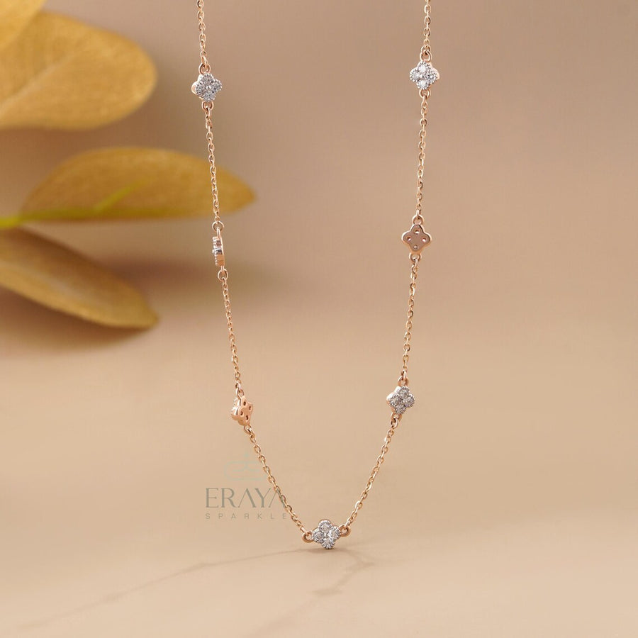 Round Diamond Clover Station Necklace