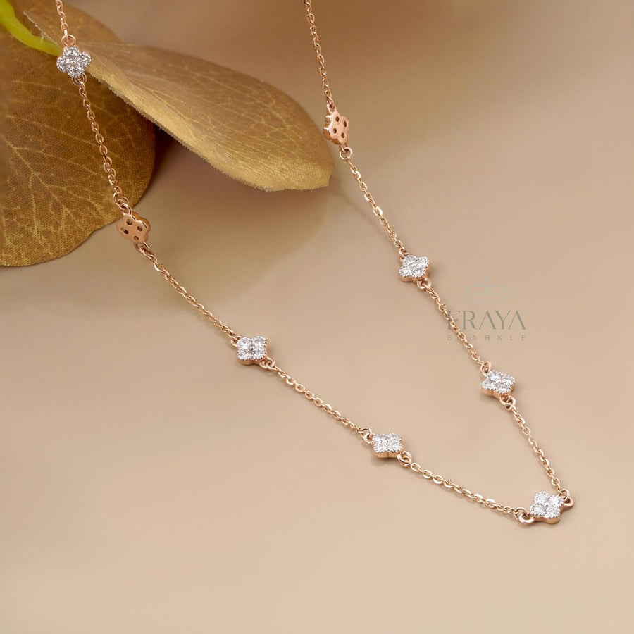 Round Diamond Clover Station Necklace