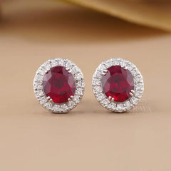 Pigeon Blood Ruby Diamond Halo Stud Earrings