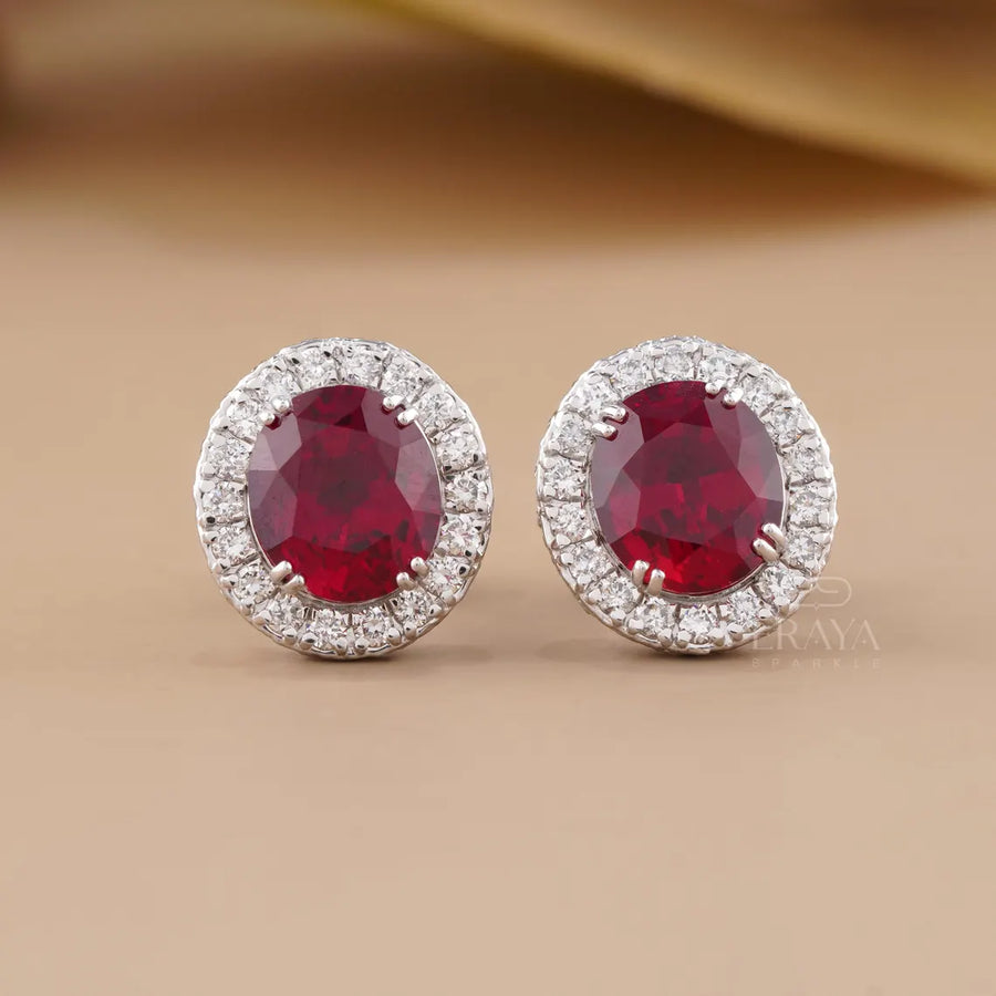 Pigeon Blood Ruby Diamond Halo Stud Earrings