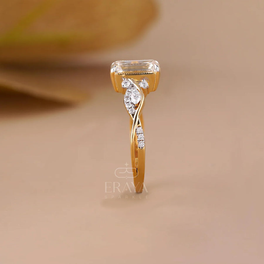 Emerald Cut Lab Diamond Twisted Pave Ring