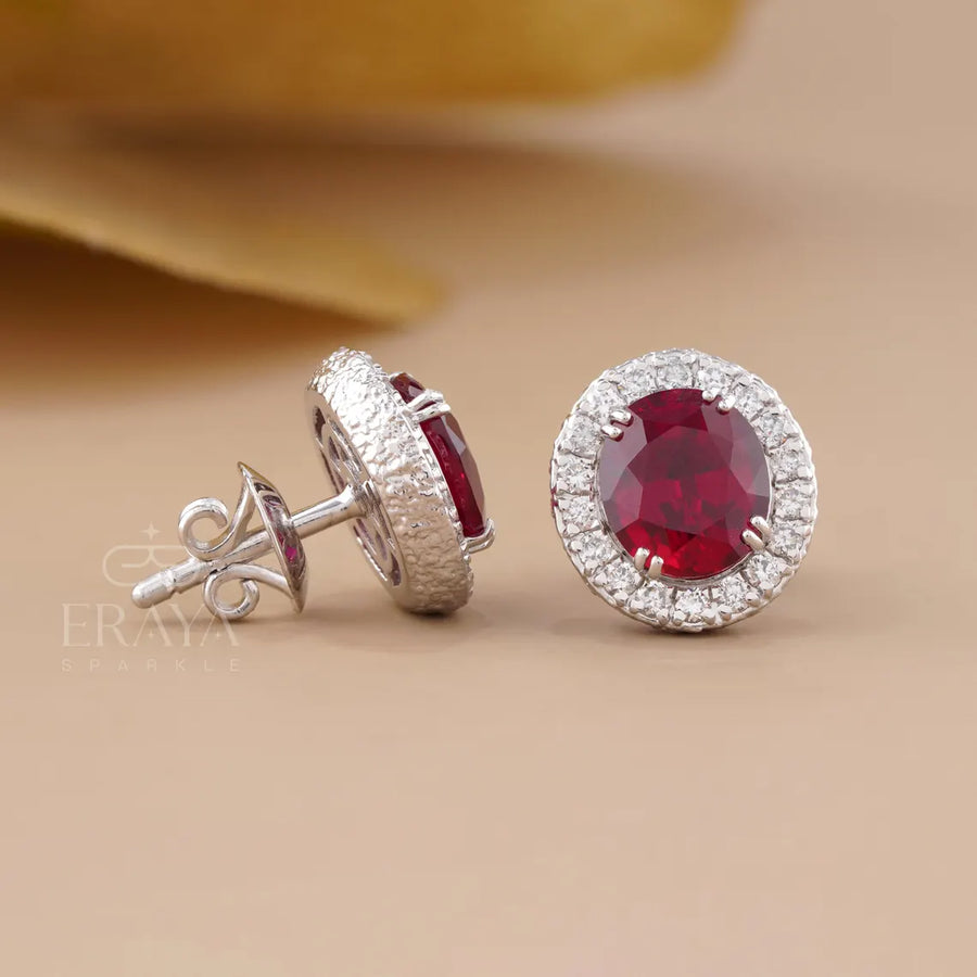 Pigeon Blood Ruby Diamond Halo Stud Earrings