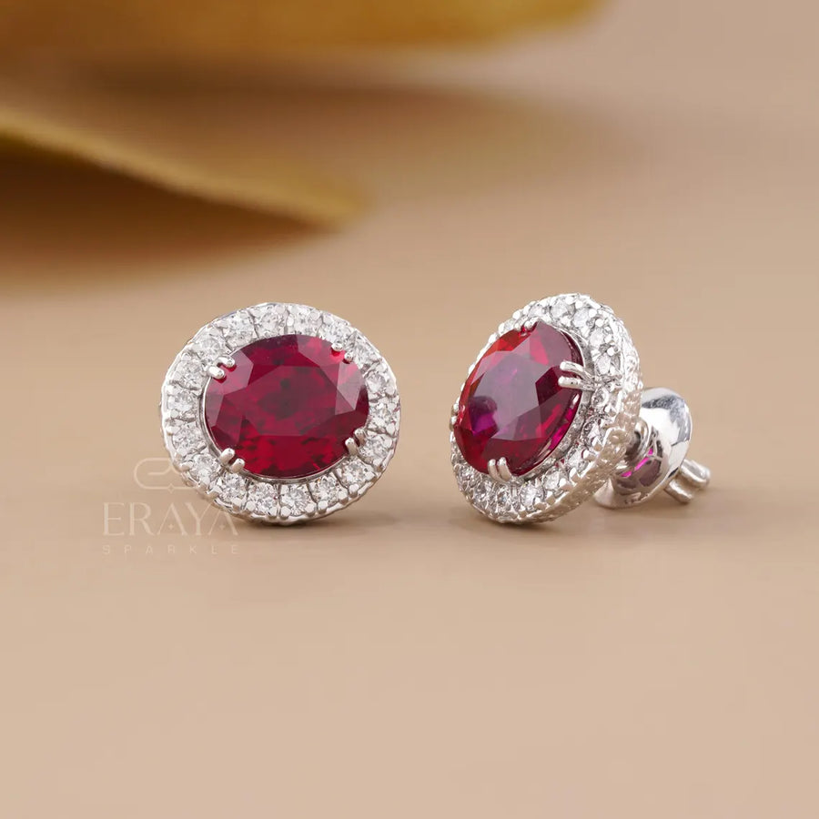 Pigeon Blood Ruby Diamond Halo Stud Earrings