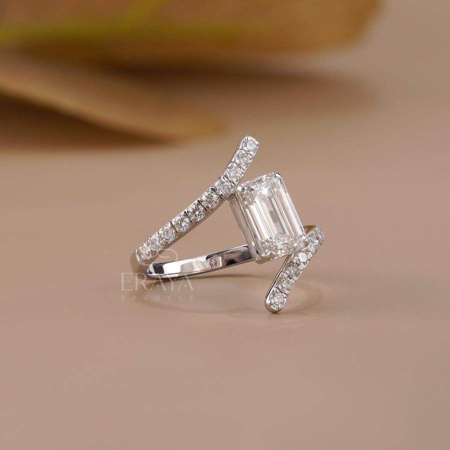 Emerald Cut Lab Diamond Pave Bypass Ring