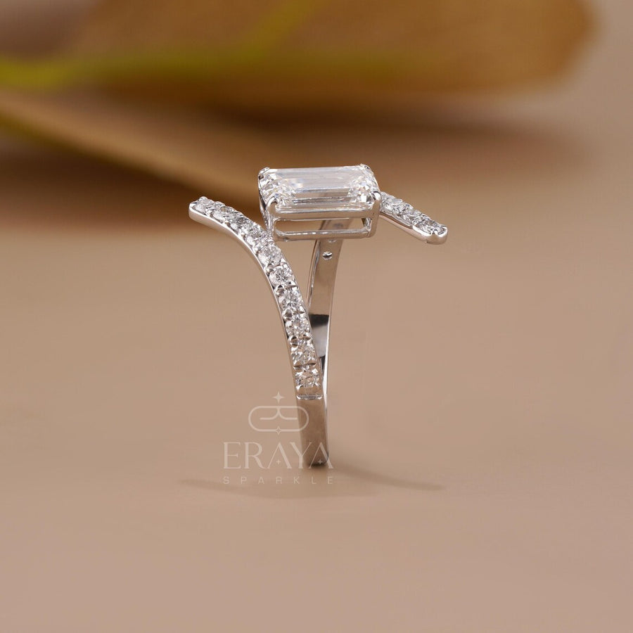 Emerald Cut Lab Diamond Pave Bypass Ring