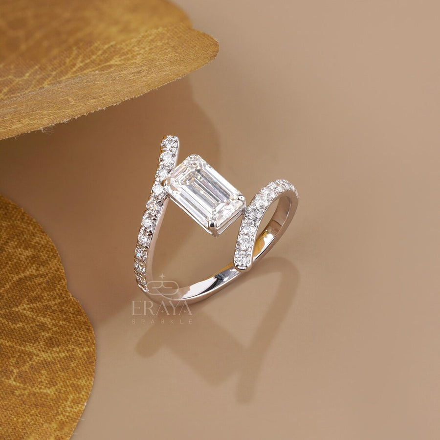 Emerald Cut Lab Diamond Pave Bypass Ring
